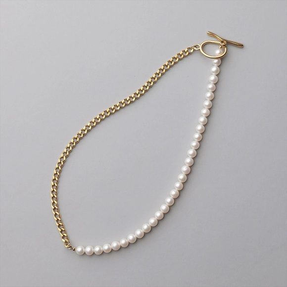 Freshwater Pearls Half Chain Necklace 6.5 - 7.0 mm in stainless steel - Picture 4 of 6